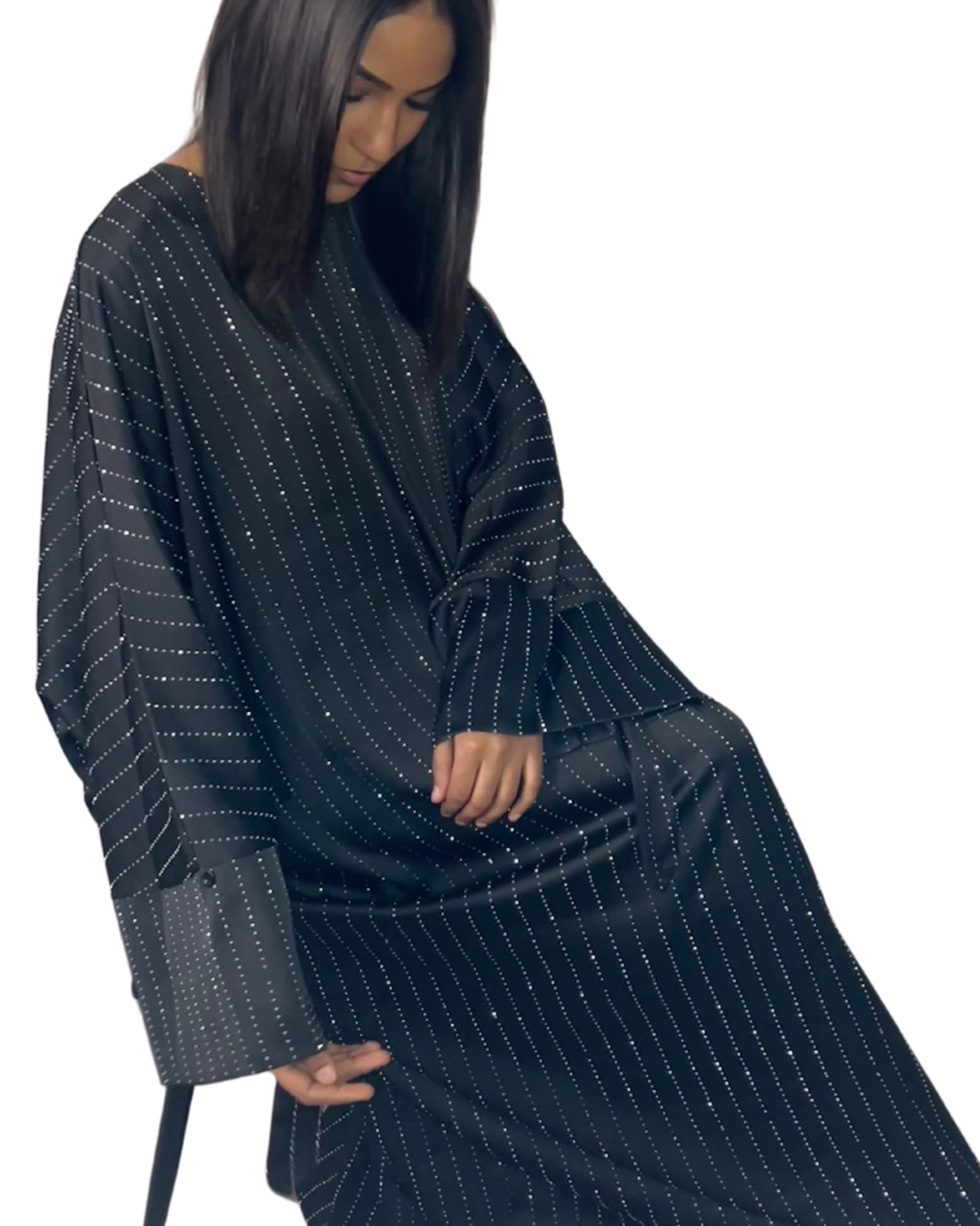 Abaya satinée à rayures argentées - noir