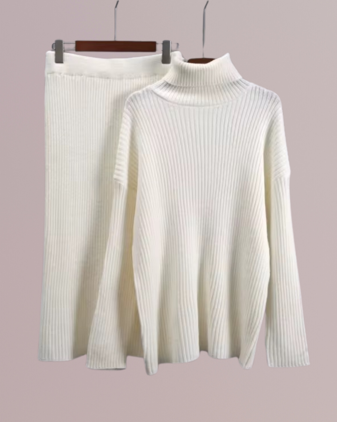 Ensemble Pull Col Roulé et Jupe en Laine – Crème