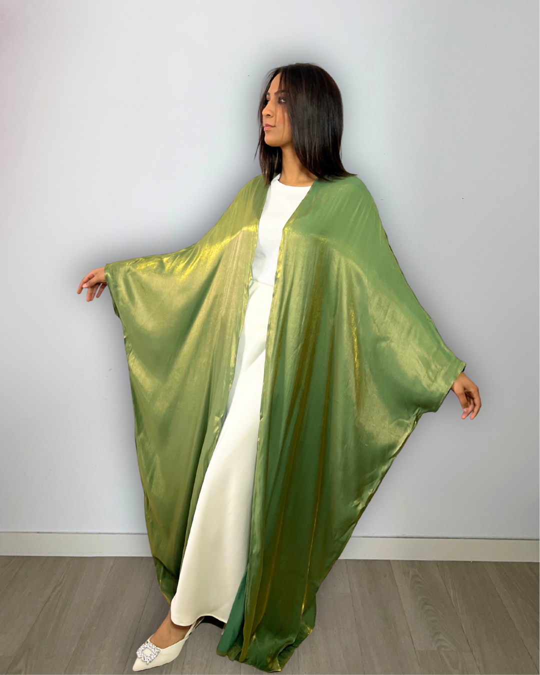 Kimono long satiné vert scintillant