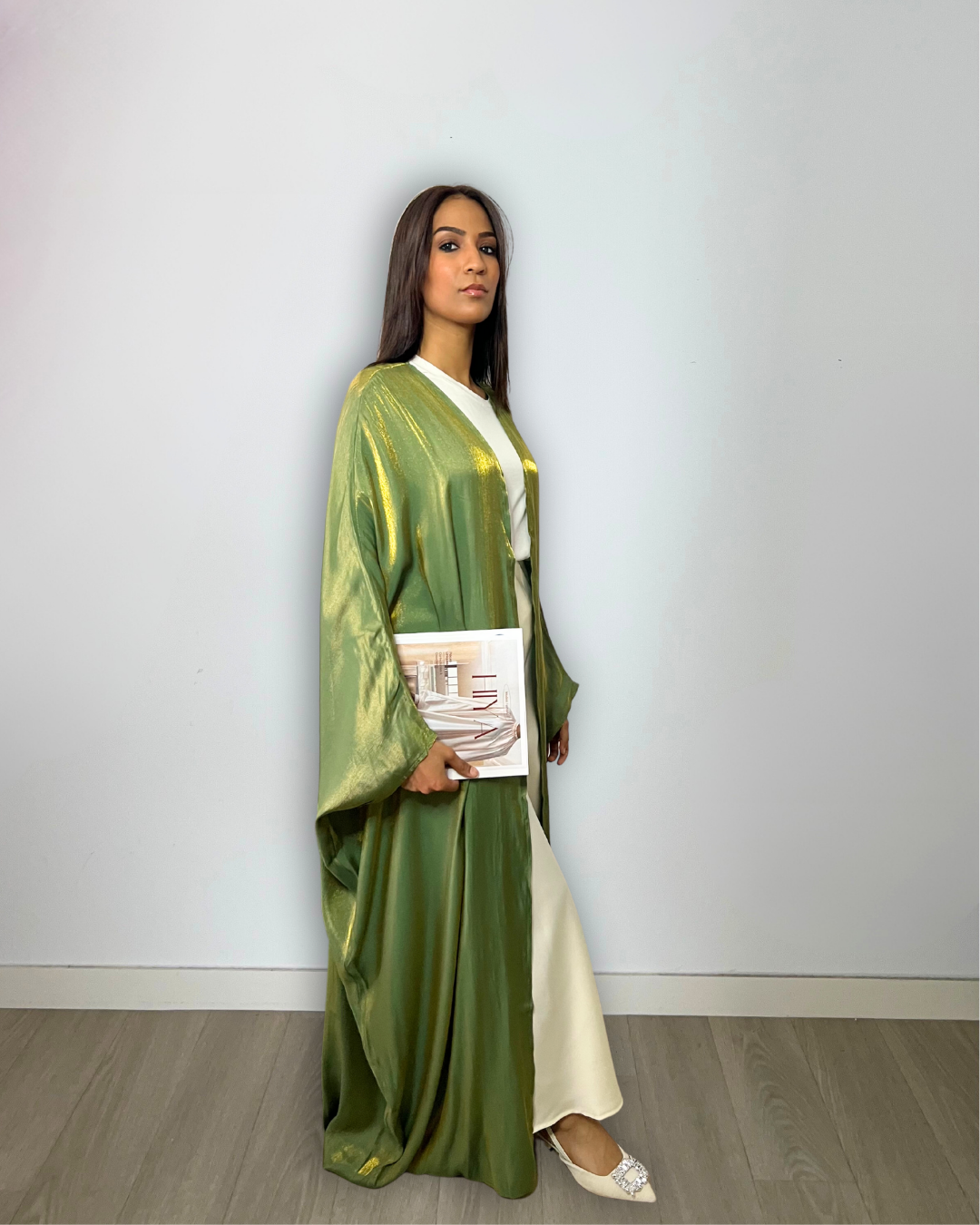 Kimono long satiné vert scintillant