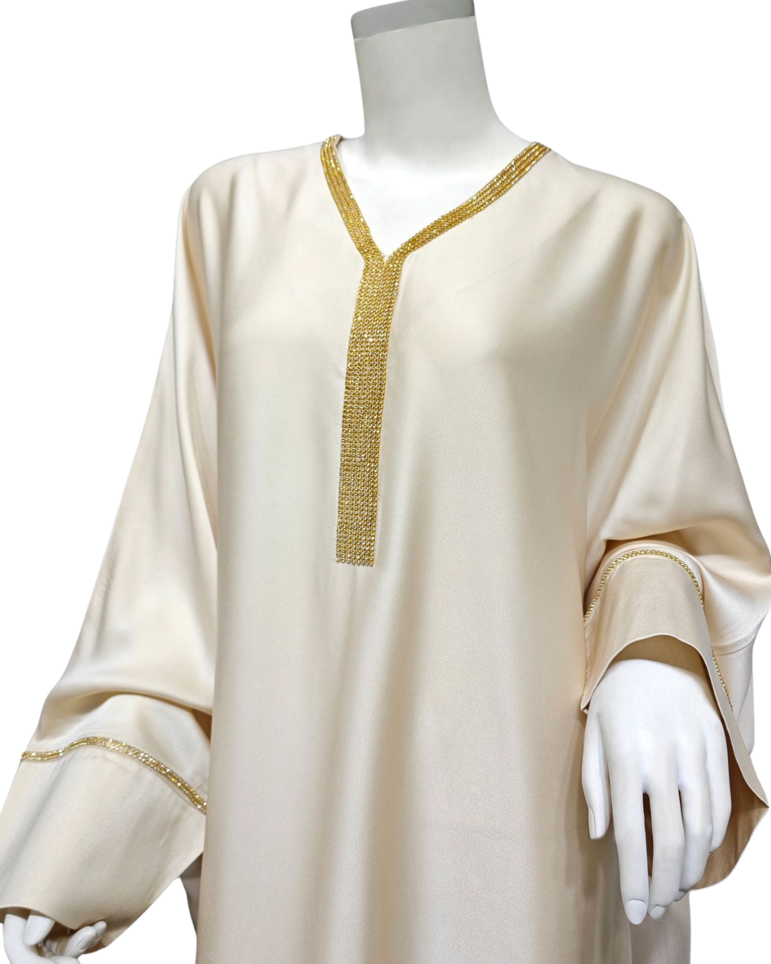 Robe orientale en satin beige à strass doré pour le ramadan et occasions spéciales