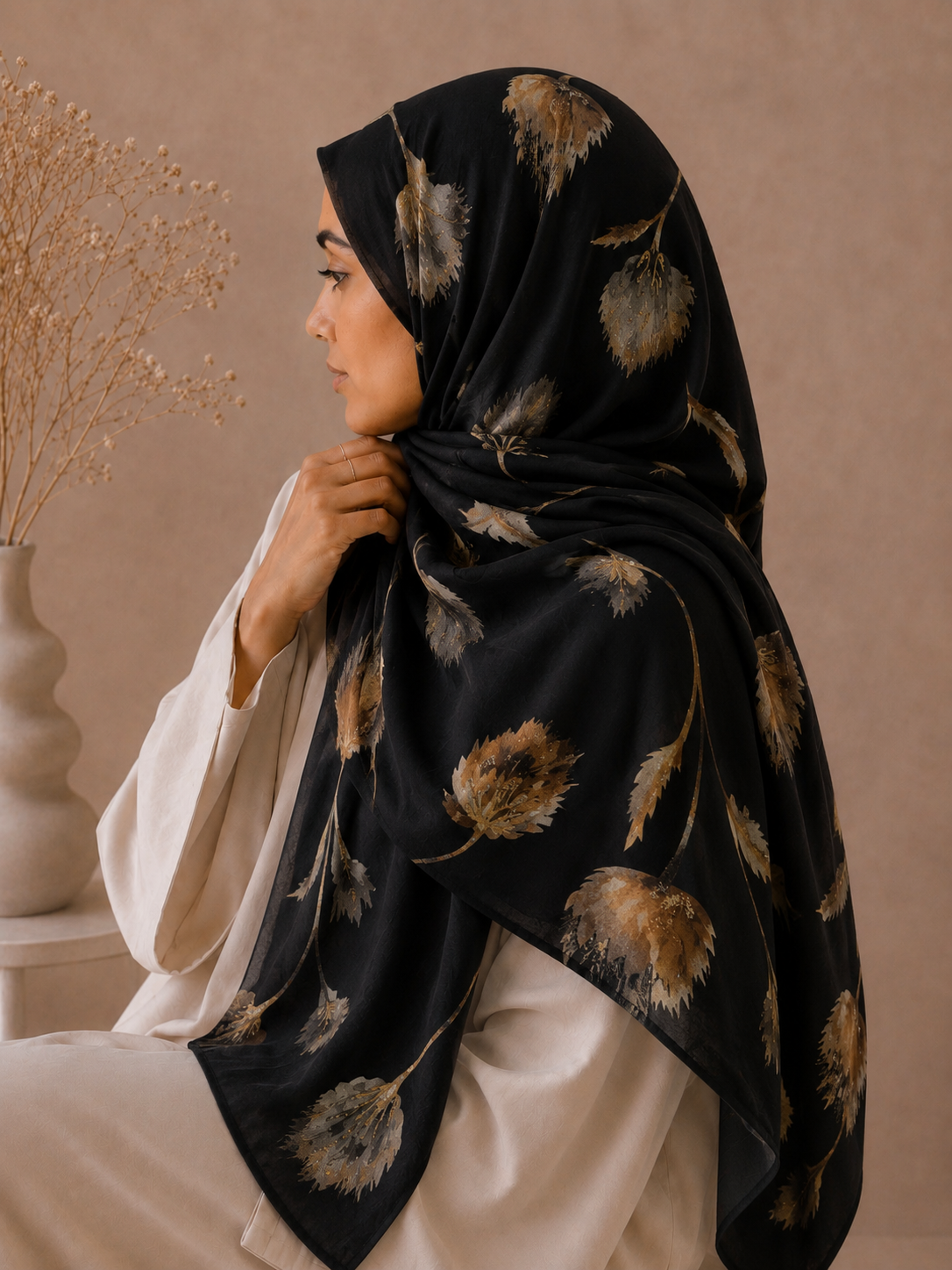 Premium Onyx Bloom Floral Print Hijab - Black