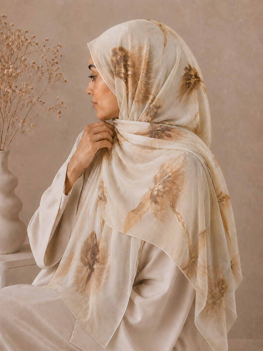 Premium Soft Beige Floral Print Hijab - Beige