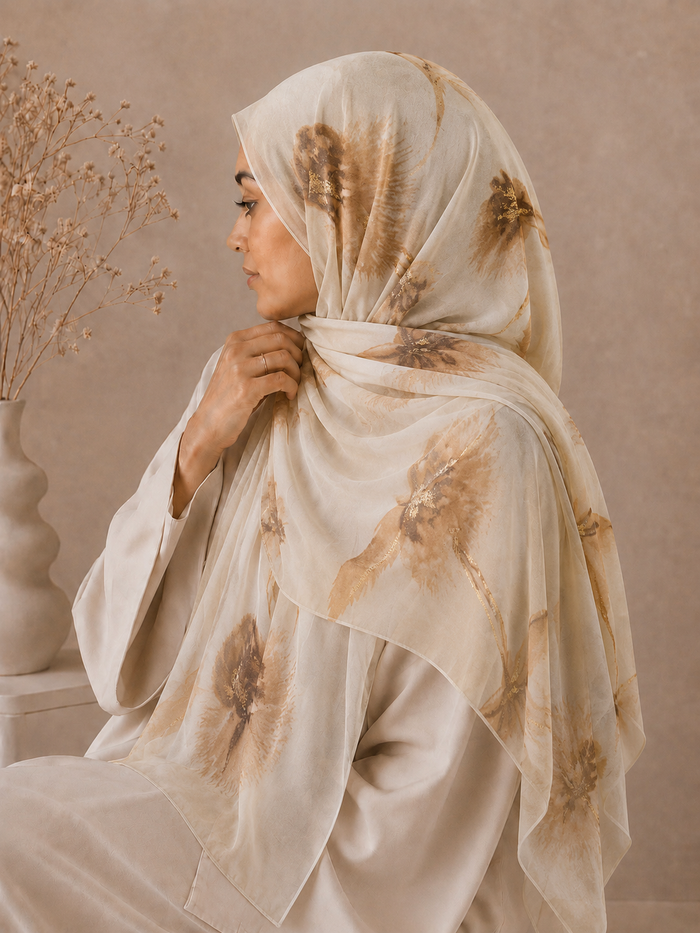 Premium Soft Beige Floral Print Hijab - Beige