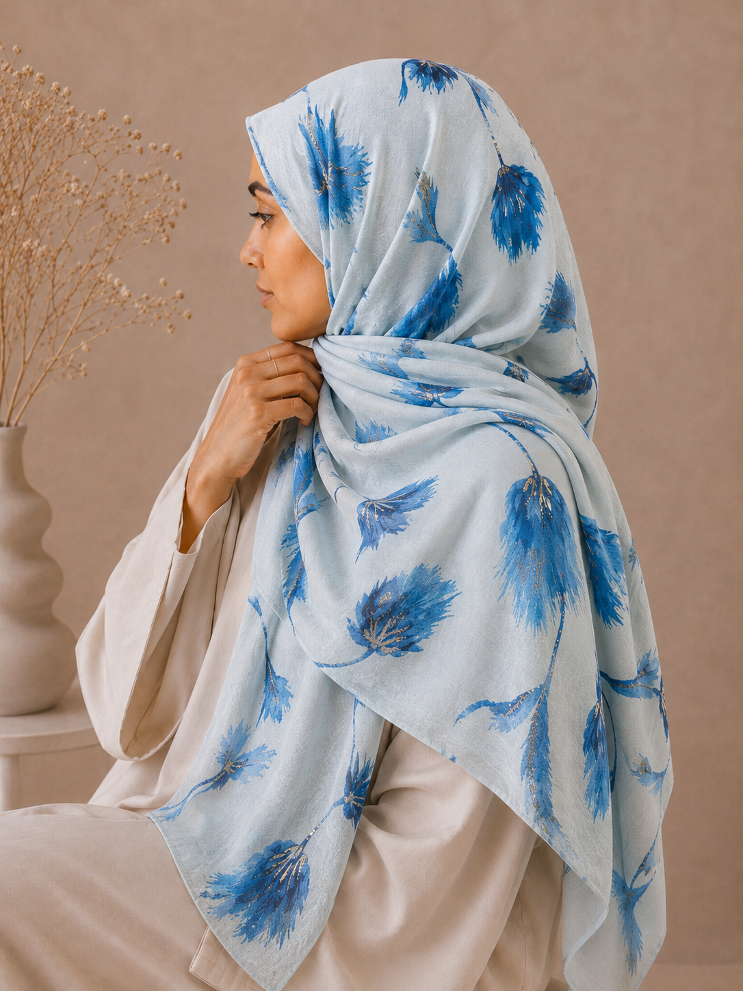 Premium Powder Blue Floral Print Hijab - Blue