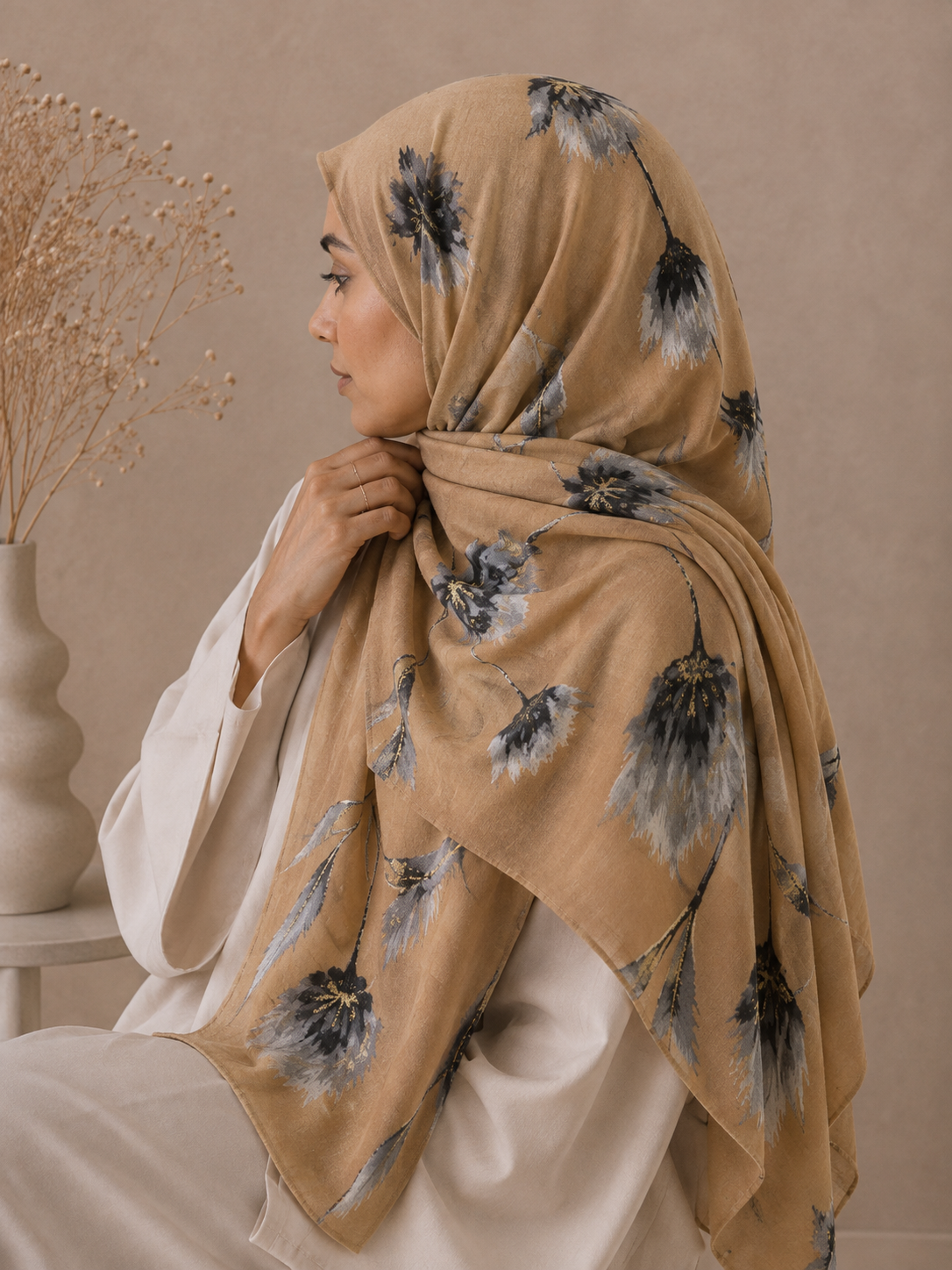 Premium Sandstone Floral Print Hijab - Tan