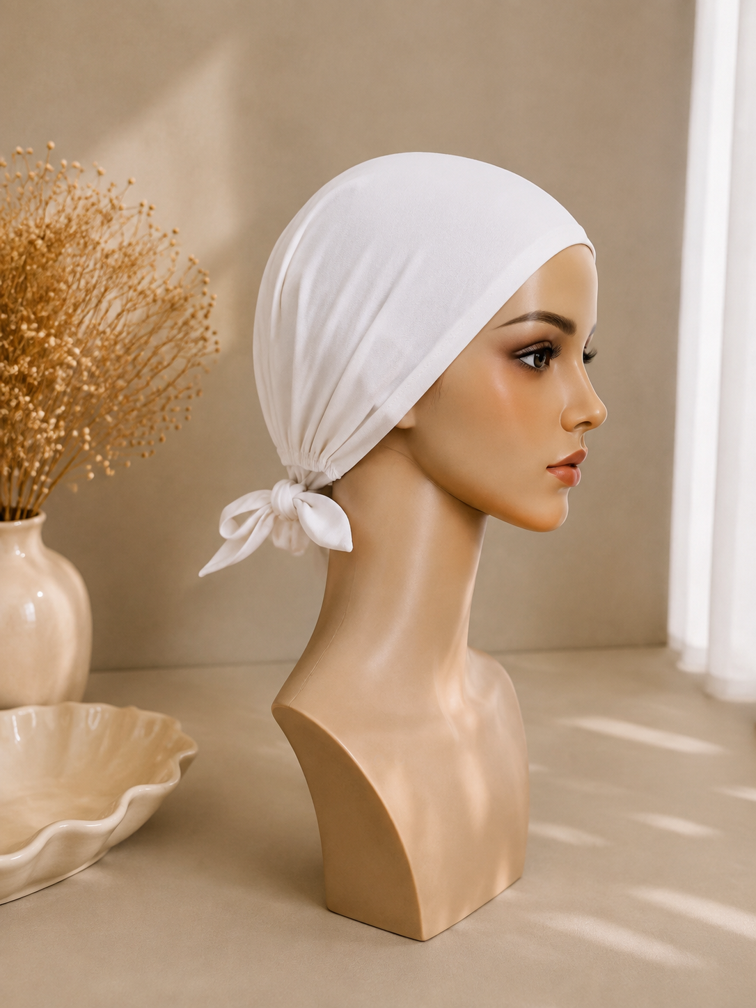 Tie back Under-Cap Bonnet - White