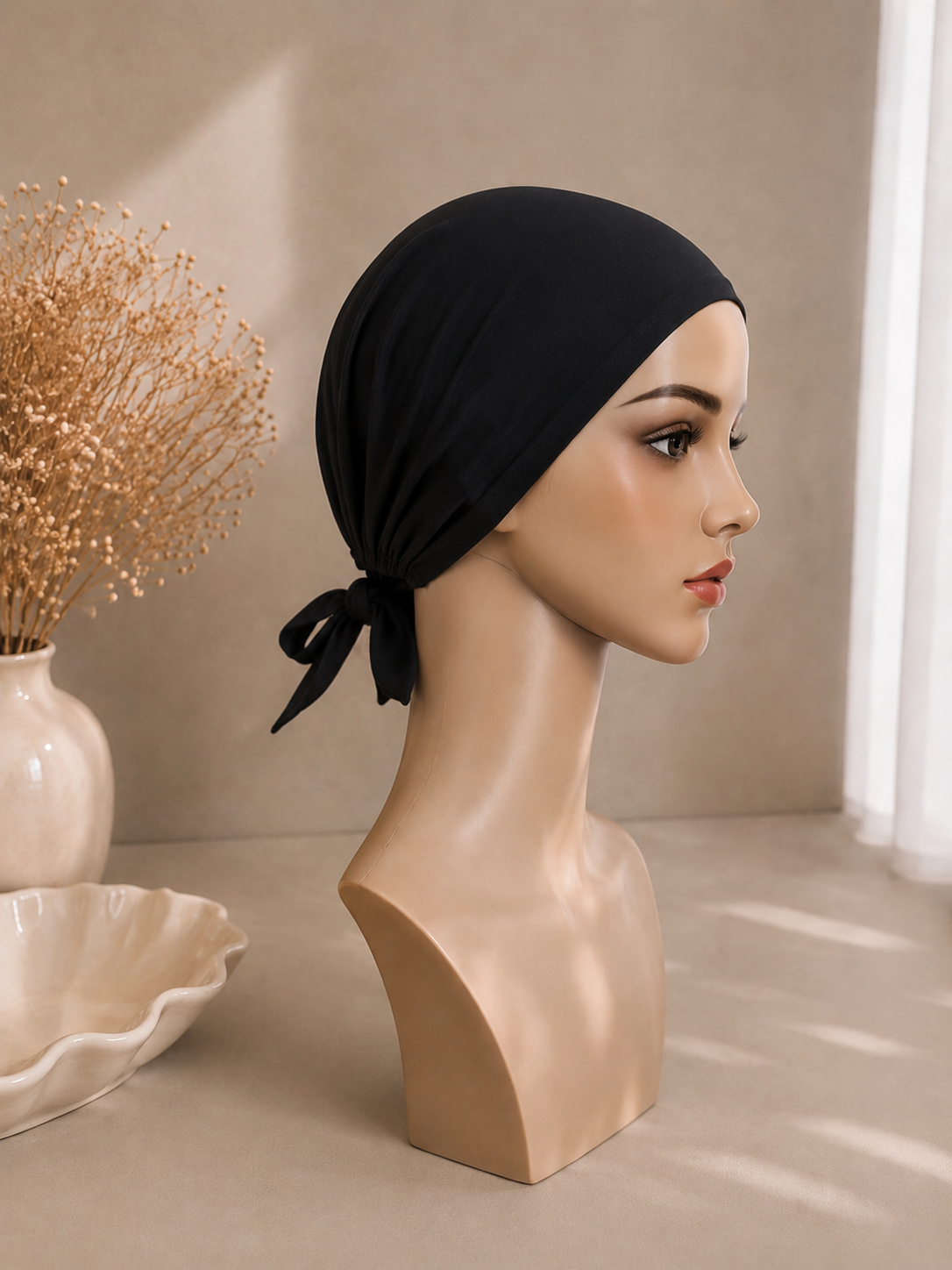 Tie back Under-Cap Bonnet - Black