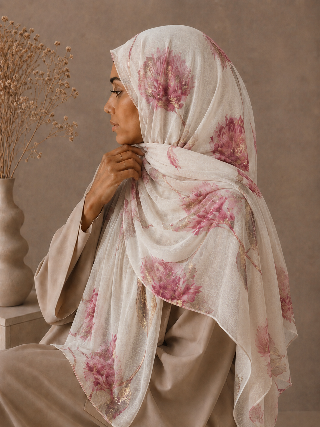 Premium Powder Pink Floral Print Hijab - Pink